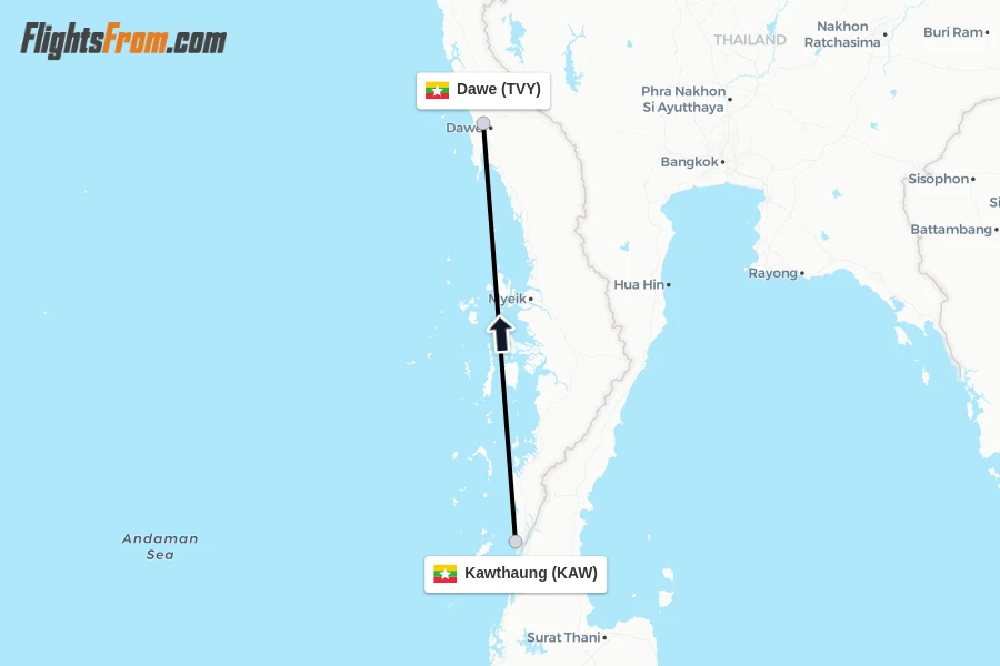 Flights from Kawthaung to Dawe route map