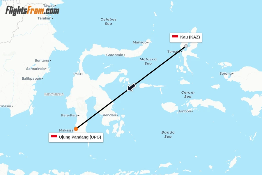 Flights from Kau to Ujung Pandang route map