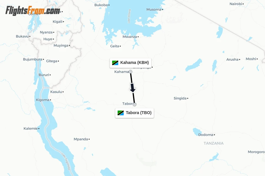Flights from Kahama to Tabora route map