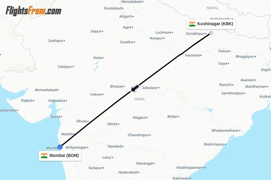 Flights from Kushinagar to Mumbai route map