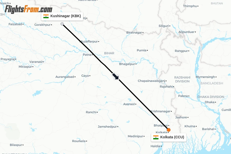 Flights from Kushinagar to Kolkata route map