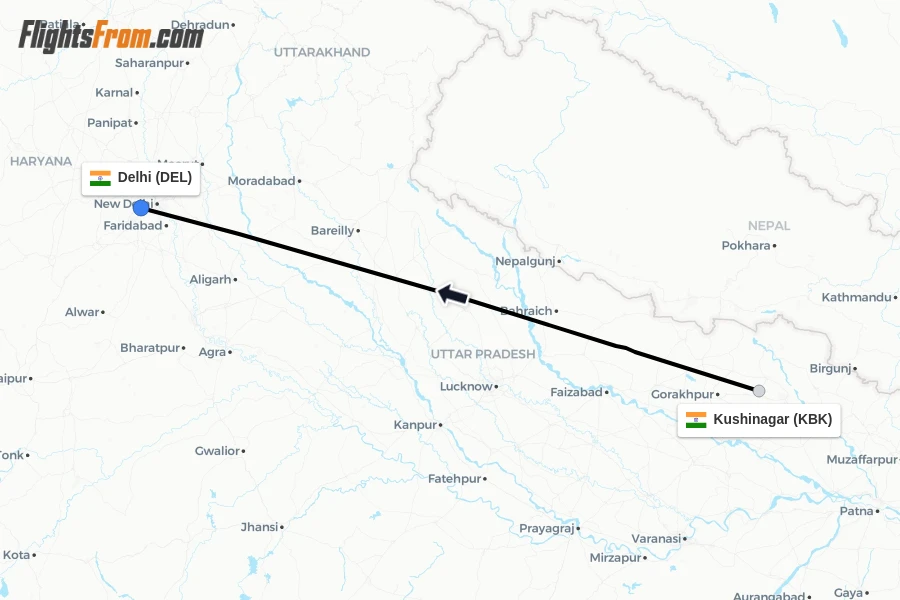 Flights from Kushinagar to Delhi route map