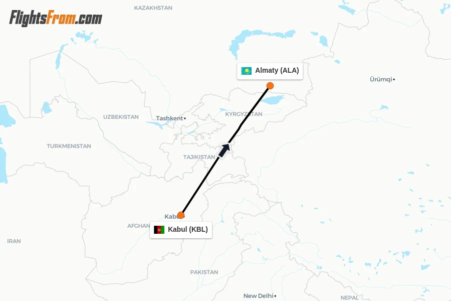 Flights from Kabul to Almaty route map