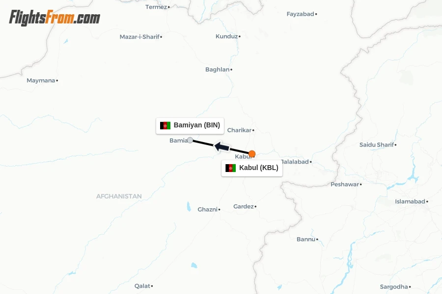 Flights from Kabul to Bamiyan route map