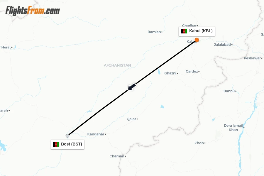 Flights from Kabul to Bost route map