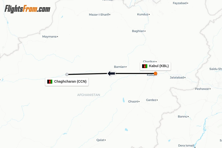 Flights from Kabul to Chaghcharan route map