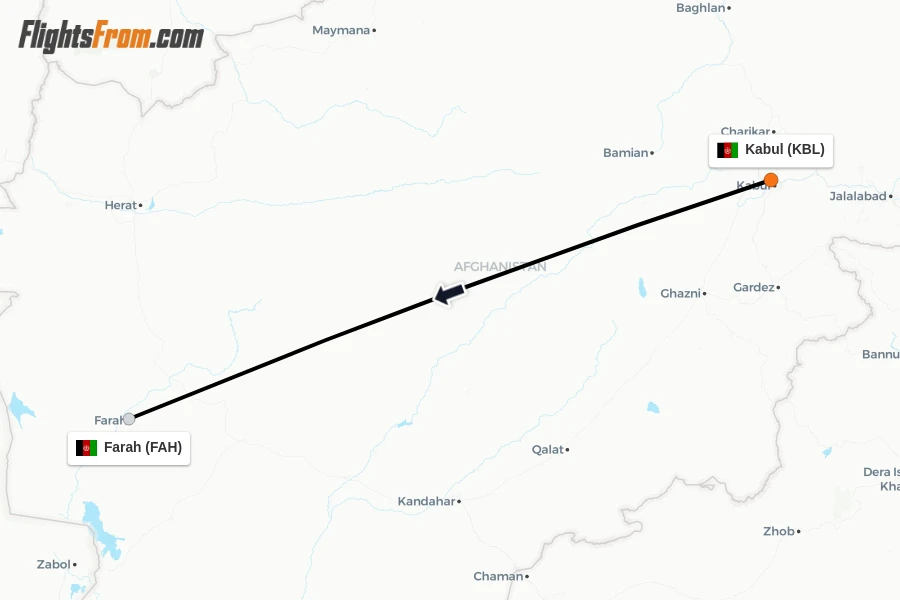 Flights from Kabul to Farah route map