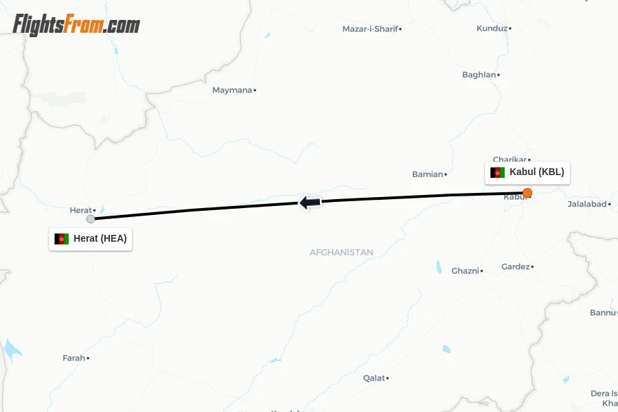 Flights from Kabul to Herat route map