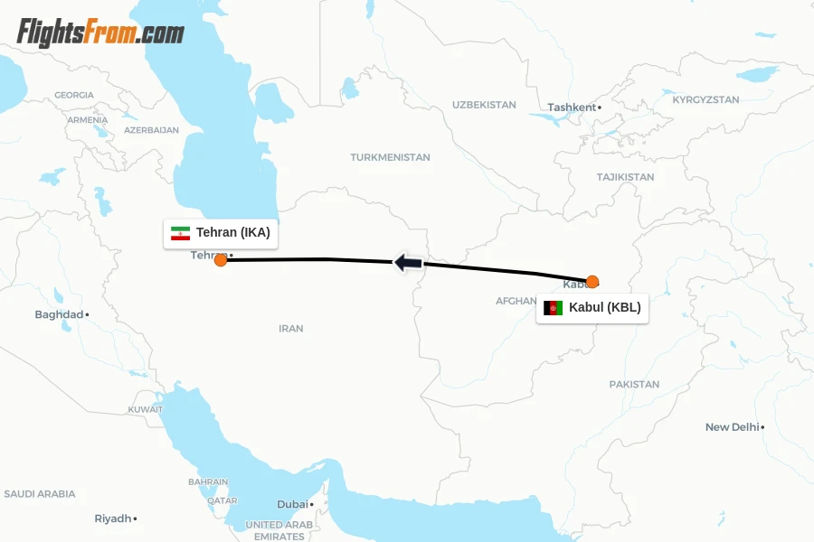 Flights from Kabul to Tehran route map