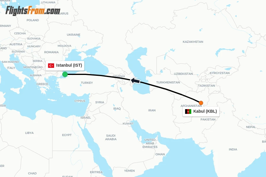 Flights from Kabul to Istanbul route map