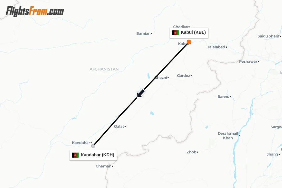 Flights from Kabul to Kandahar route map