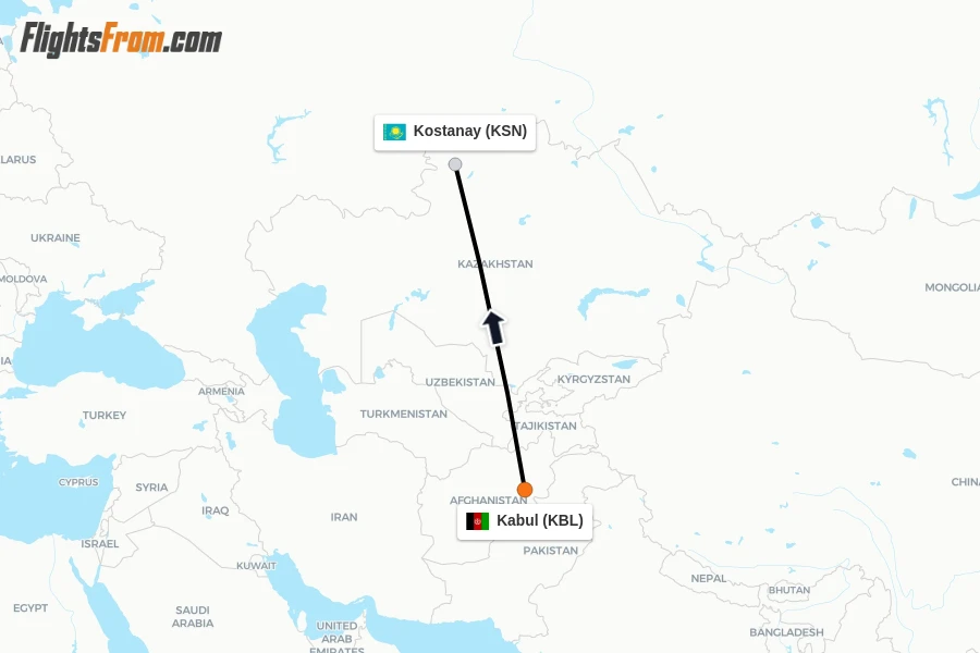 Flights from Kabul to Kostanay route map