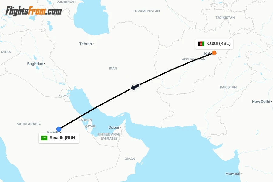 Flights from Kabul to Riyadh route map