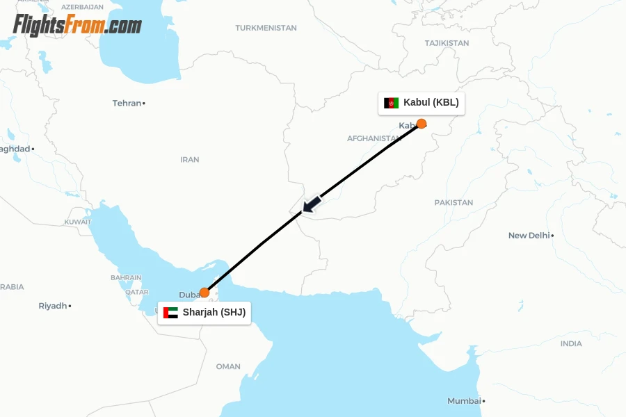 Flights from Kabul to Sharjah route map