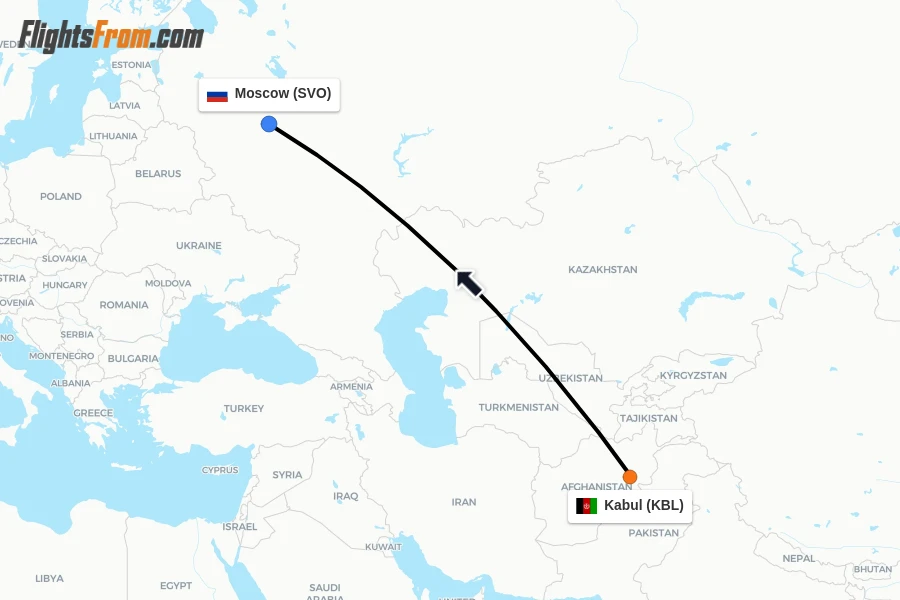 Flights from Kabul to Moscow route map