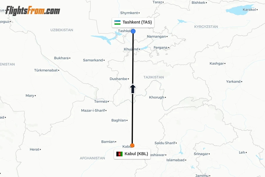 Flights from Kabul to Tashkent route map