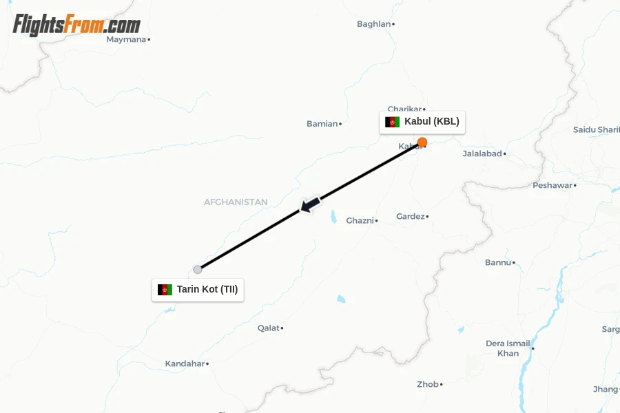 Flights from Kabul to Tarin Kot route map