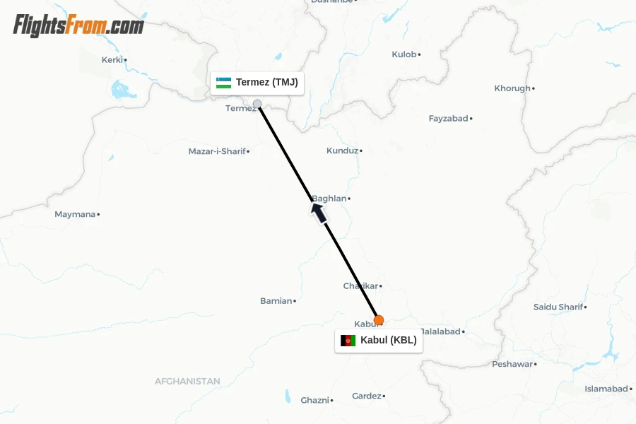 Flights from Kabul to Termez route map