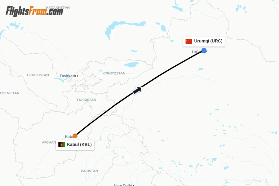 Flights from Kabul to Urumqi route map