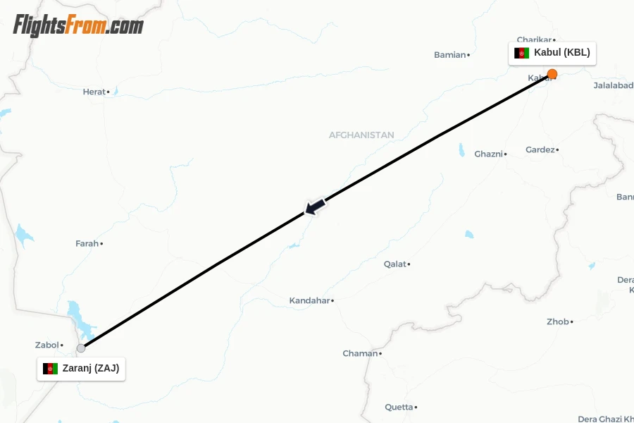 Flights from Kabul to Zaranj route map