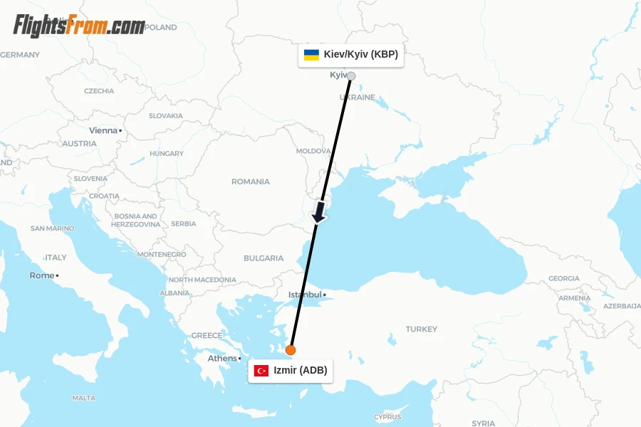 Flights from Kiev/Kyiv to Izmir route map