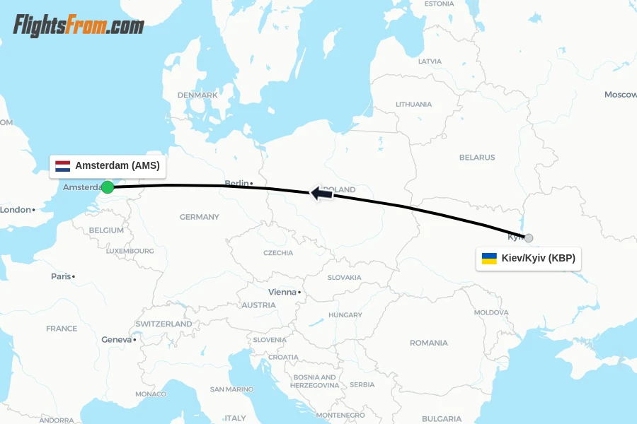 Flights from Kiev/Kyiv to Amsterdam route map