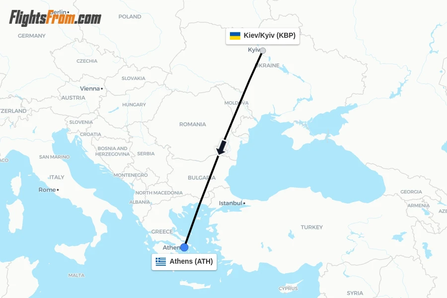 Flights from Kiev/Kyiv to Athens route map