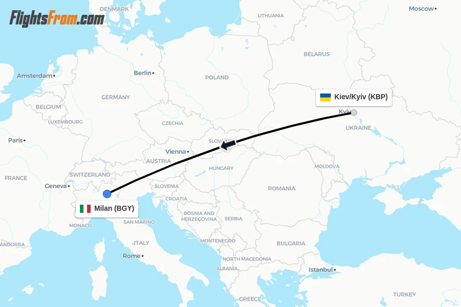Flights from Kiev/Kyiv to Milan route map