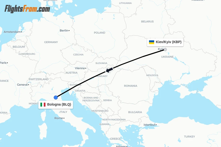 Flights from Kiev/Kyiv to Bologna route map