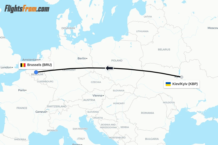Flights from Kiev/Kyiv to Brussels route map