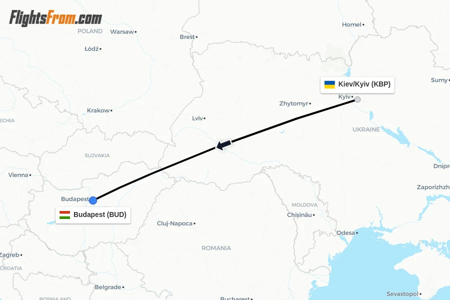 Flights from Kiev/Kyiv to Budapest route map