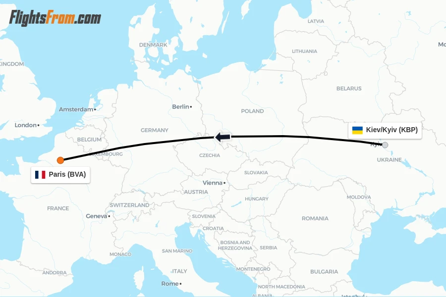 Flights from Kiev/Kyiv to Paris route map