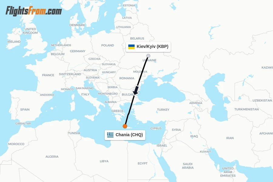 Flights from Kiev/Kyiv to Chania route map
