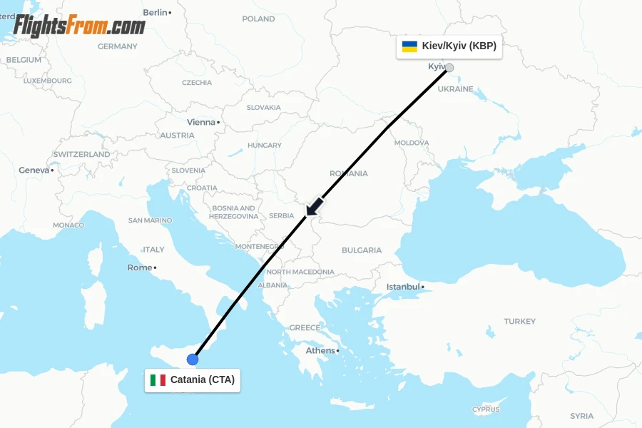 Flights from Kiev/Kyiv to Catania route map