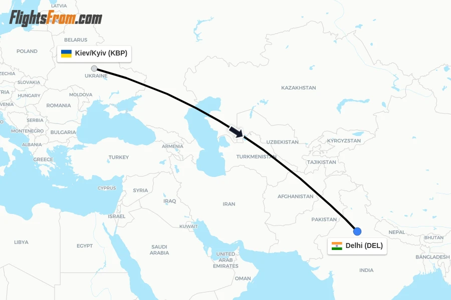 Flights from Kiev/Kyiv to Delhi route map