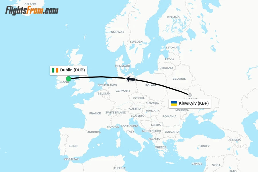 Flights from Kiev/Kyiv to Dublin route map