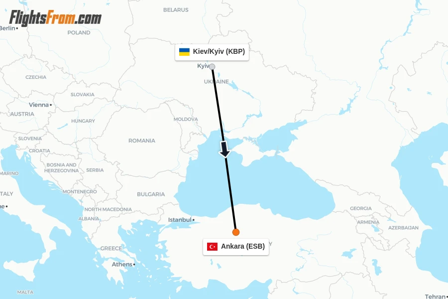 Flights from Kiev/Kyiv to Ankara route map