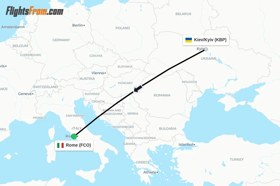 Flights from Kiev/Kyiv to Rome route map