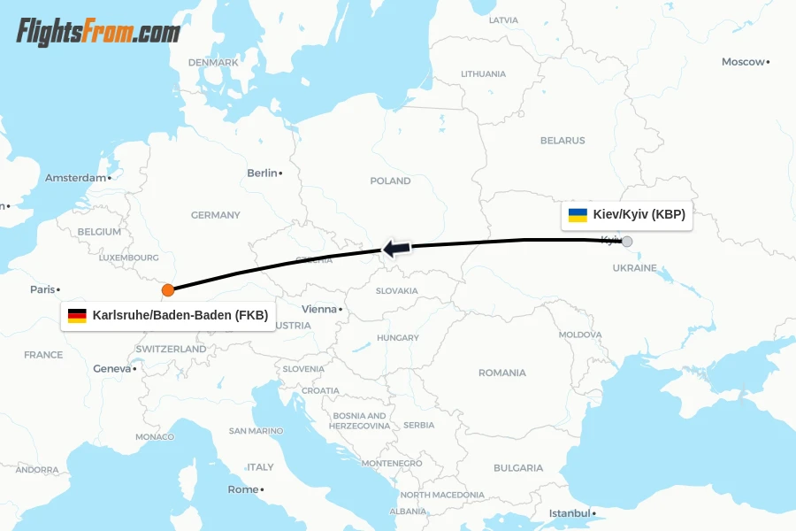 Flights from Kiev/Kyiv to Karlsruhe/Baden-Baden route map