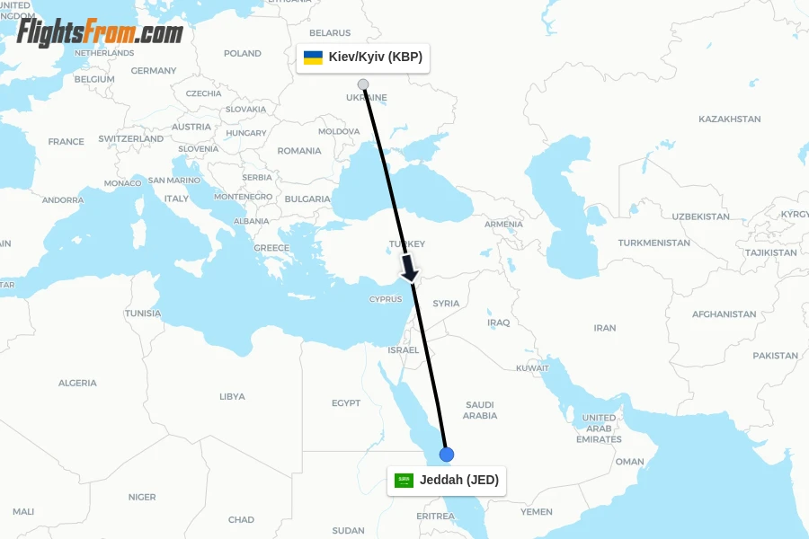 Flights from Kiev/Kyiv to Jeddah route map
