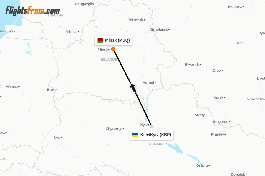 Flights from Kiev/Kyiv to Minsk route map