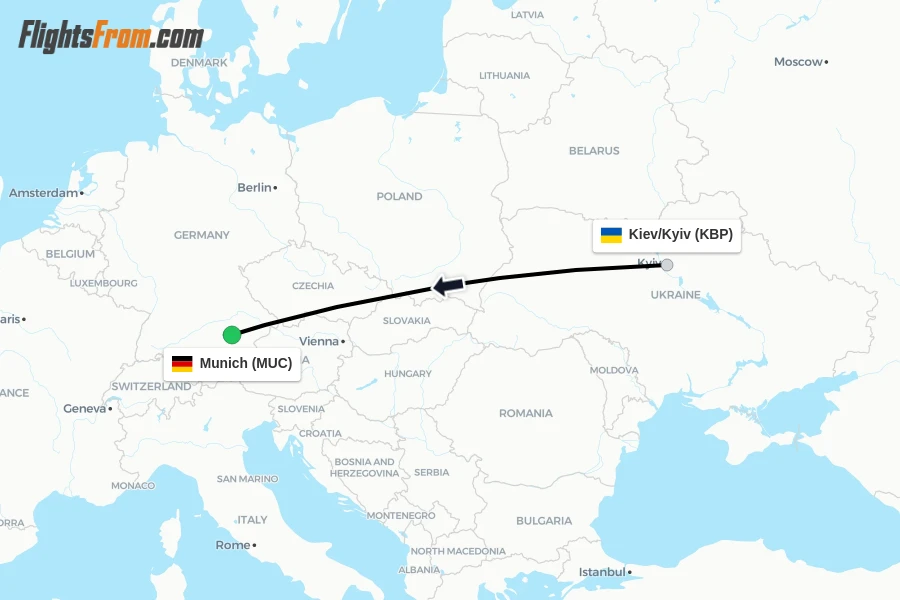 Flights from Kiev/Kyiv to Munich route map