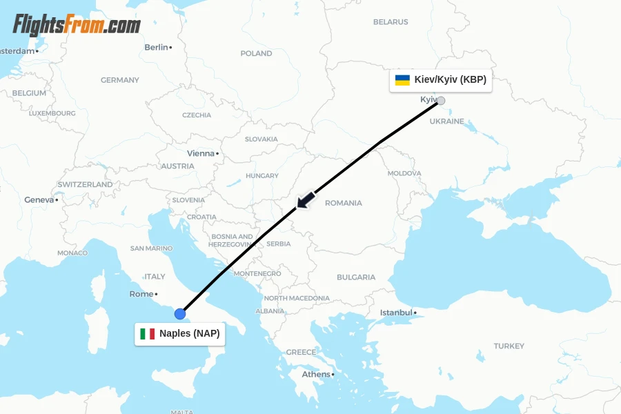 Flights from Kiev/Kyiv to Naples route map