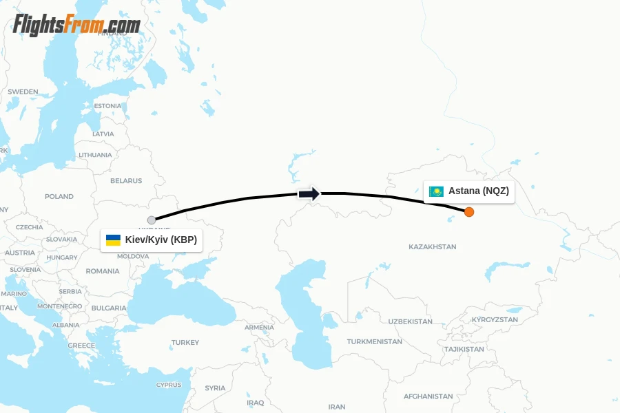 Flights from Kiev/Kyiv to Astana route map
