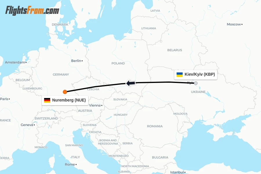 Flights from Kiev/Kyiv to Nuremberg route map