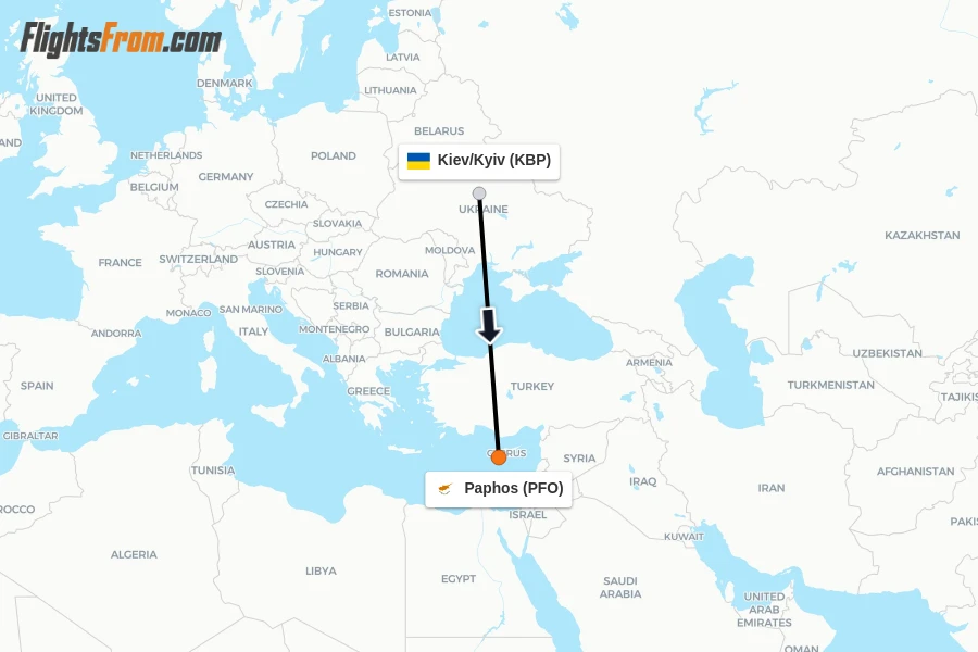 Flights from Kiev/Kyiv to Paphos route map