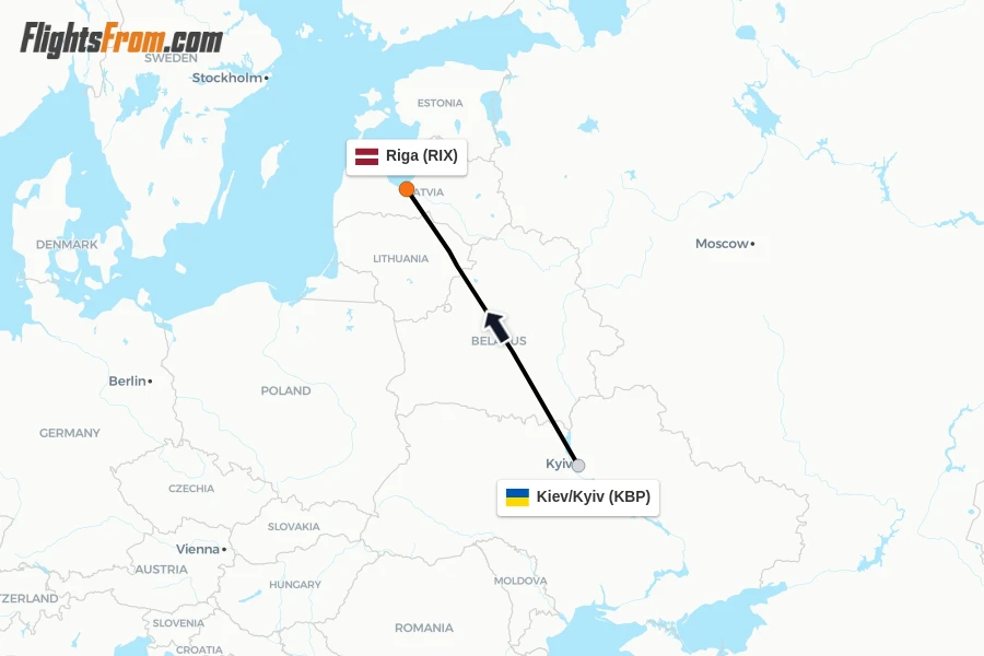 Flights from Kiev/Kyiv to Riga route map