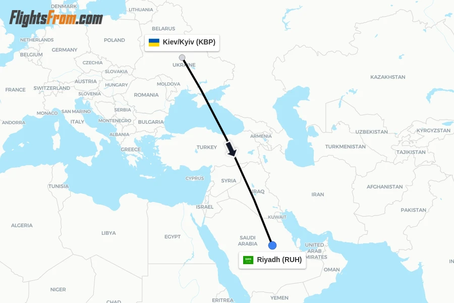 Flights from Kiev/Kyiv to Riyadh route map