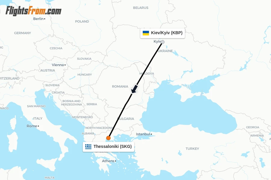 Flights from Kiev/Kyiv to Thessaloniki route map