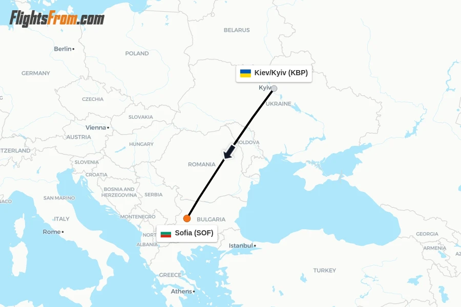 Flights from Kiev/Kyiv to Sofia route map